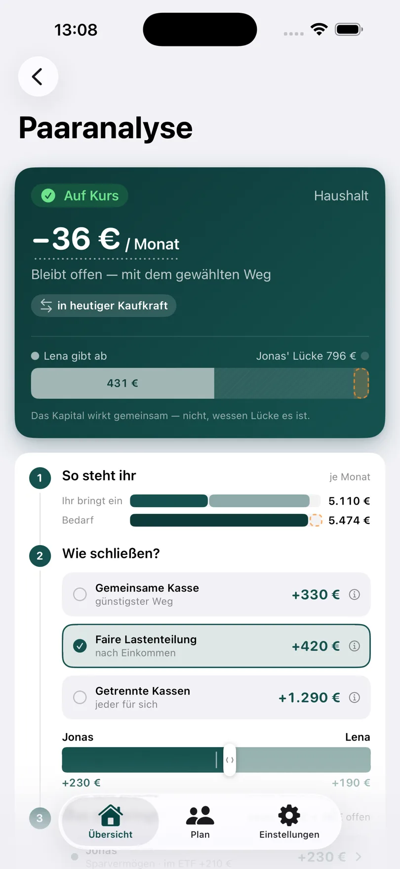 Goldfink auf dem iPhone: Paaranalyse für Jonas und Lena mit drei Wegen, die gemeinsame Lücke zu schließen.